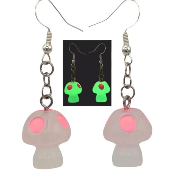 Glow in the Dark Mushroom Earrings Pink – Rave Festival Gamer Aesthetic - Picture 1 of 3